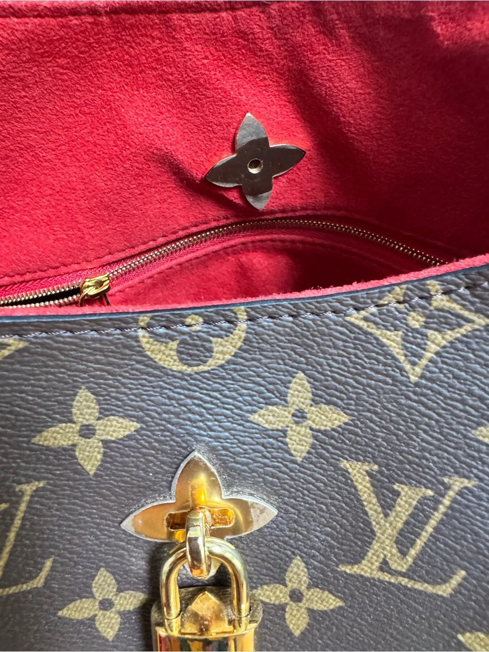 Louis Vuitton Brown Monogram Hobo with Red Trim and Gold Lock